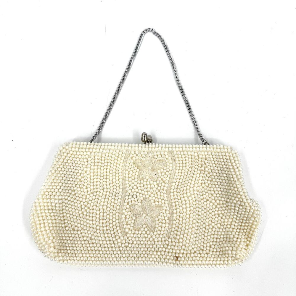 Vintage Clutch Handbag Purse Bon Soir 8x4in All Over Faux Pearl Kisslock Closure